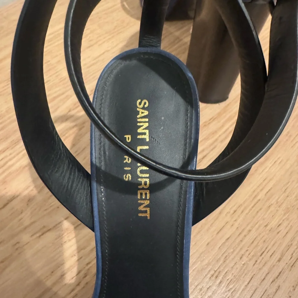 Saint Laurent Blue Leather Crisscross Block Heel Sandals - Picture 9 of 15